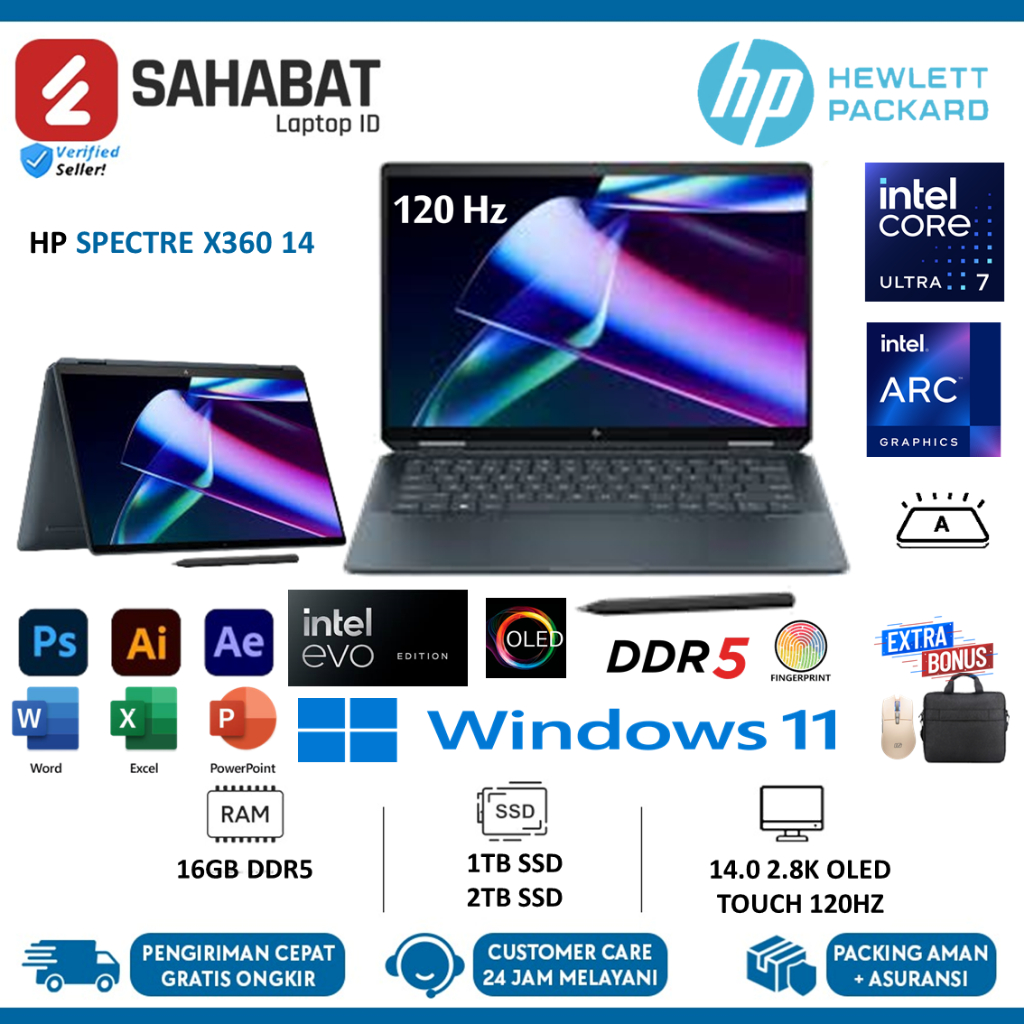 Hp Spectre X360 14 Intel Evo Ultra 7 155H 16GB DDR5 2TB Intel Arc 2.8K Oled Touch + Pen 120HZ WIN11