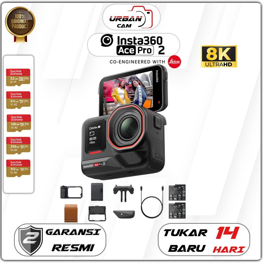 Insta360 Ace Pro 2 Action Camera - Kamera Aksi 4K 50MP dengan Stabilisasi FlowState dan Layar Sentuh Flip 2.5 Inci