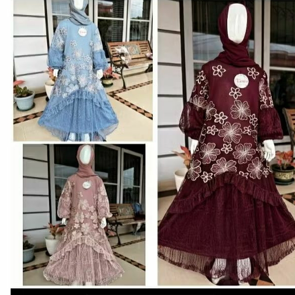 GAMIS MUSLIM ANAK PEREMPUAN BROKAT TILE BINI ORANG SET JILBAB USIA 9 SAMPAI 12 TAHUN FASHION MUSLIM,