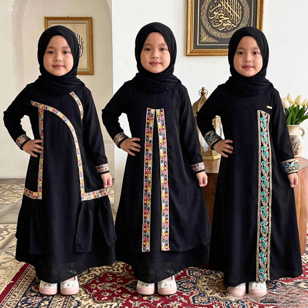 Gamis Abaya Anak Perempuan Hitam Bordir Motif Islami Lengan Panjang Hijab Syar'i