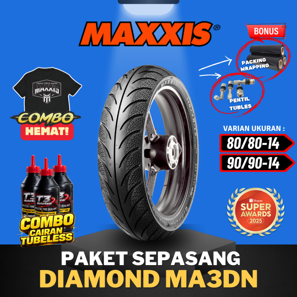 [PAKET SEPASANG TERMURAH] BAN MAXXIS DIAMOND MA-3DN TUBELESS ( 80/80-14 / 90/90-14 ) BAN MOTOR MATIC