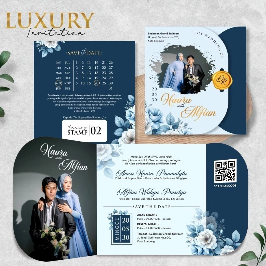 Cetak Undangan Pernikahan Glossy Premium Lipat 3 Desain Elegan - Luxury Stamp Invitation