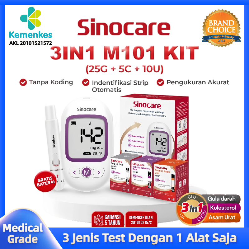 TANPA KODING Sinocare M101–GCU Alat Cek 3in1 Cek Gula Darah, Kolesterol & Asam Urat No Coding Tes