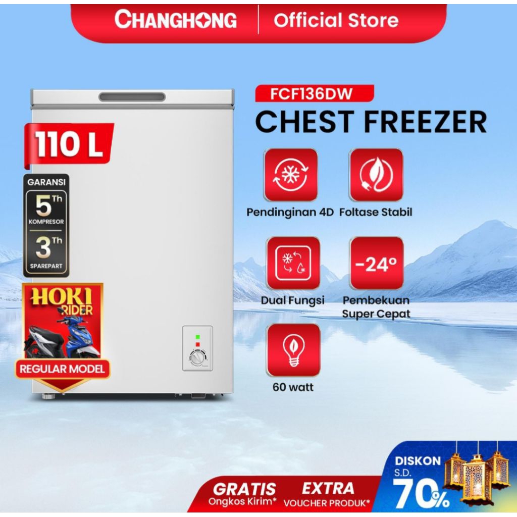 BOX FREEZER CHANGHONG 100LITER FCF136DW CHEST FREEZER CHANGHONG 100 LITER CHEST FREEZER 100LITER
