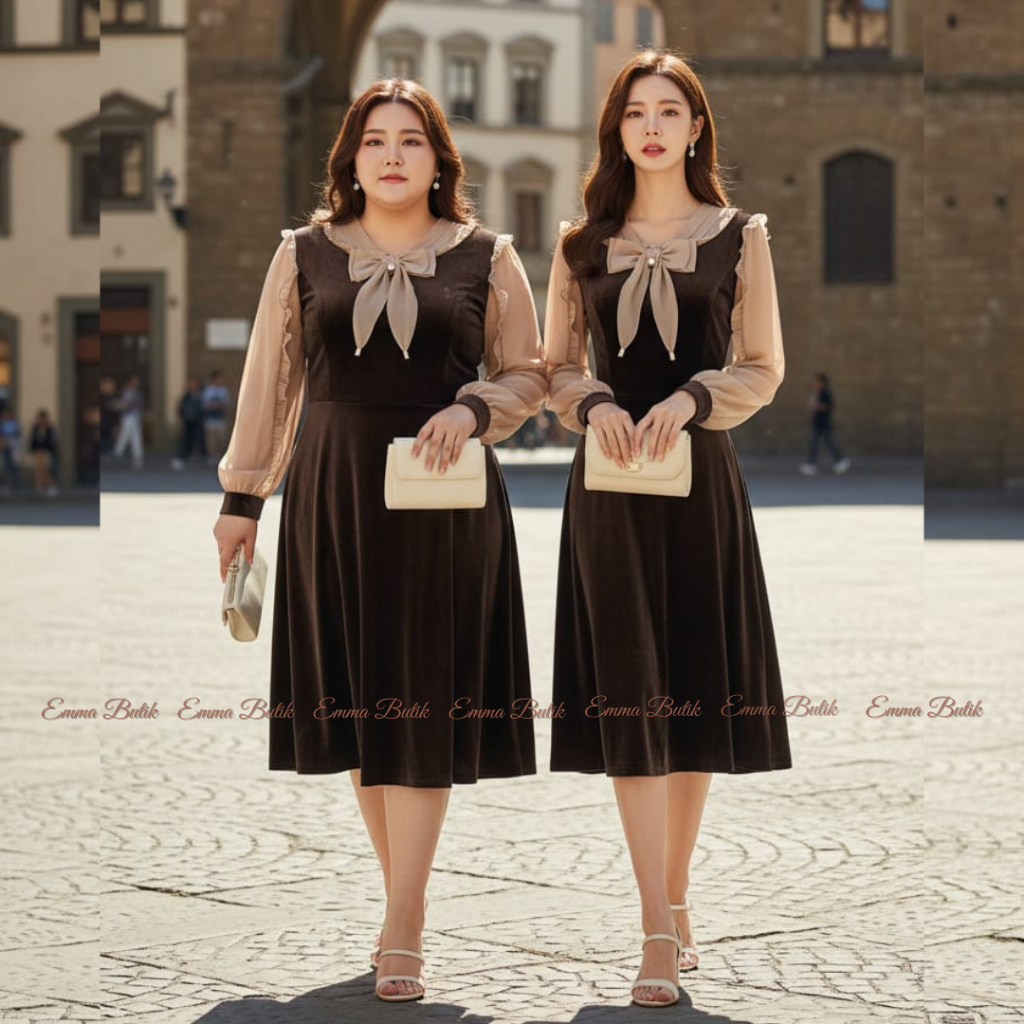 Emma.Butik E00695 Gaun Velvet Pesta Wanita Midi Dress Kondangan Gereja Lengan Panjang Cokelat Hitam 