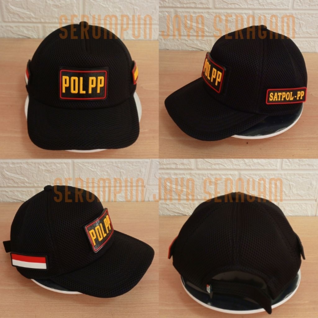 TOPI POL PP SATPOL PP JARING DOUBLE MESH HITAM TACTICAL 3 PATCH RUBBER - TOPI POL PP HITAM JARING DO