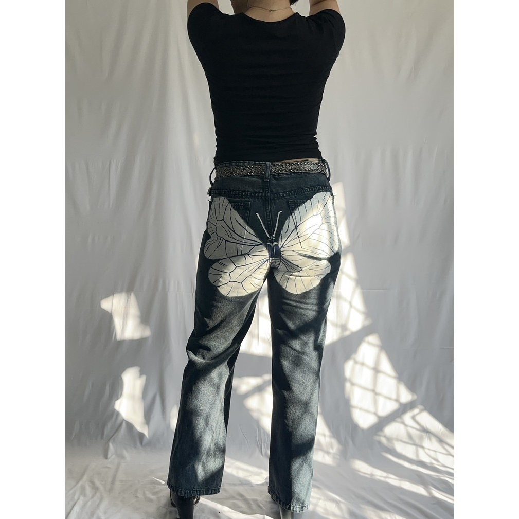 Hand-painted Butterfly on Denim Jeans | Celana Reworked Denim Jeans | Reworked Pants