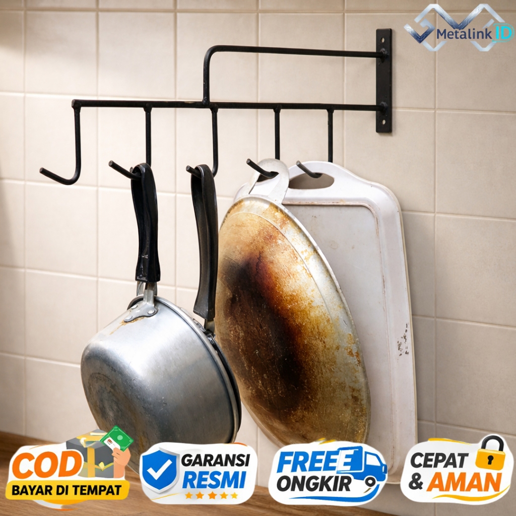 Rak Gantungan Panci Wajan Dinding – Rak Dapur Cantolan Panci & Wajan Besi Minimalis Hemat Tempat