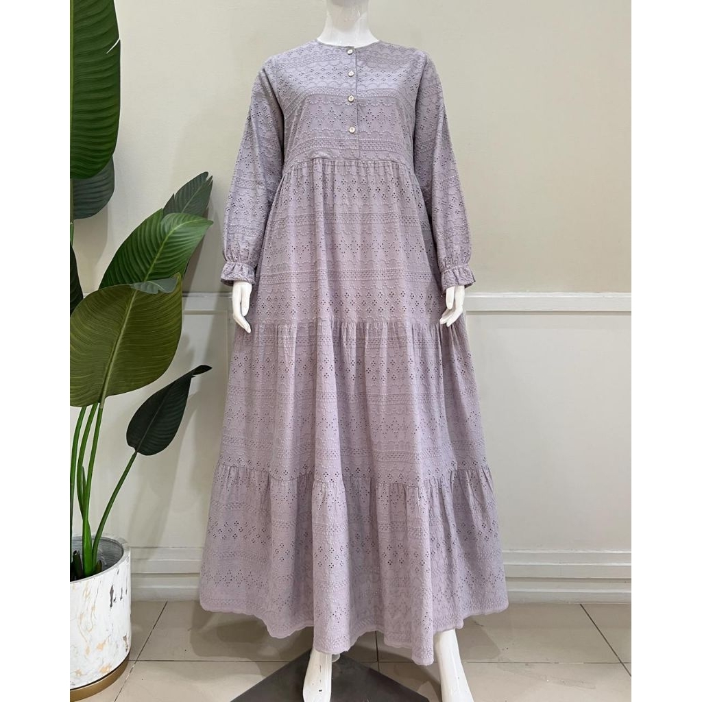 Yuliya Dress Katun Bordir Bolong Premium Full Furing Katun Hero | Gamis Katun Bordir Import | Gamis 