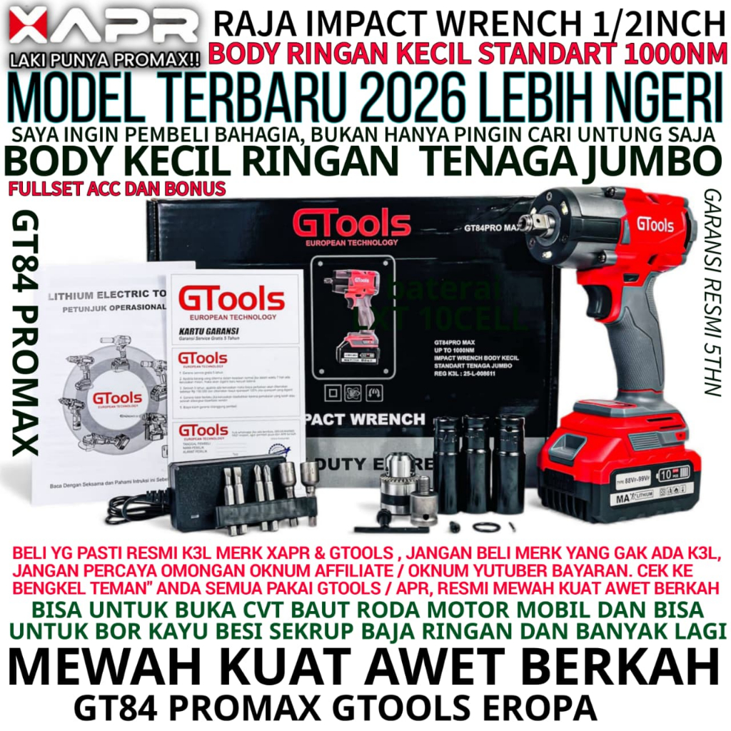GTOOLS GT84PROMAX Mesin Pembuka Baut Impact Wrench 1000Nm Cordless Baterai Mobil Motor Ori GTOOLS