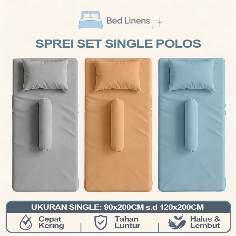 Sprei Set Katun Single Polos Ukuran 90x200 120x200 150x200 | Tinggi 20cm/ 30cm - Katun Premium