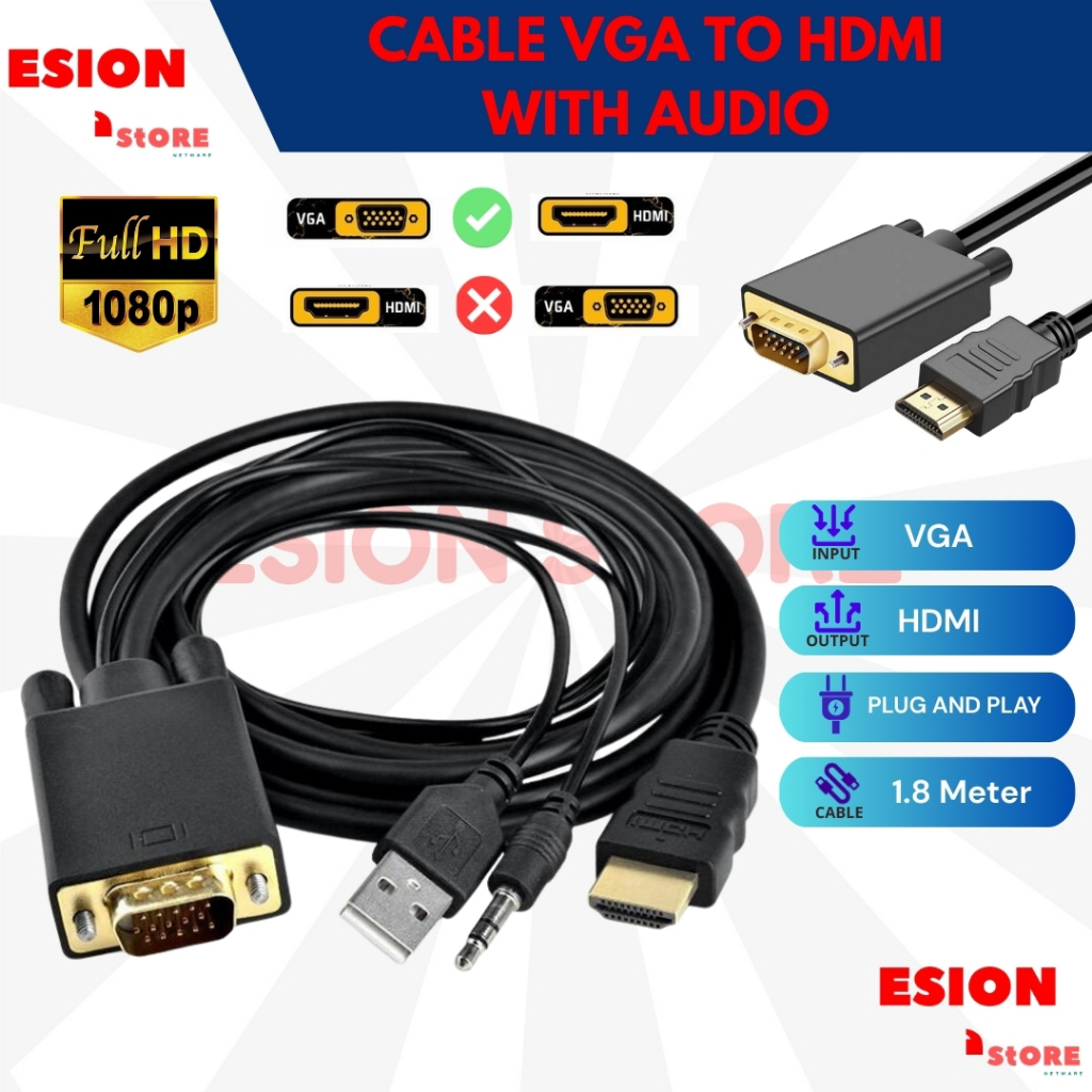 Kabel VGA to HDMI 1,8 Meter Converter Analog Digital Audio USB 3.5mm KABEL VGA TO HDMI LAPTOP TO MON