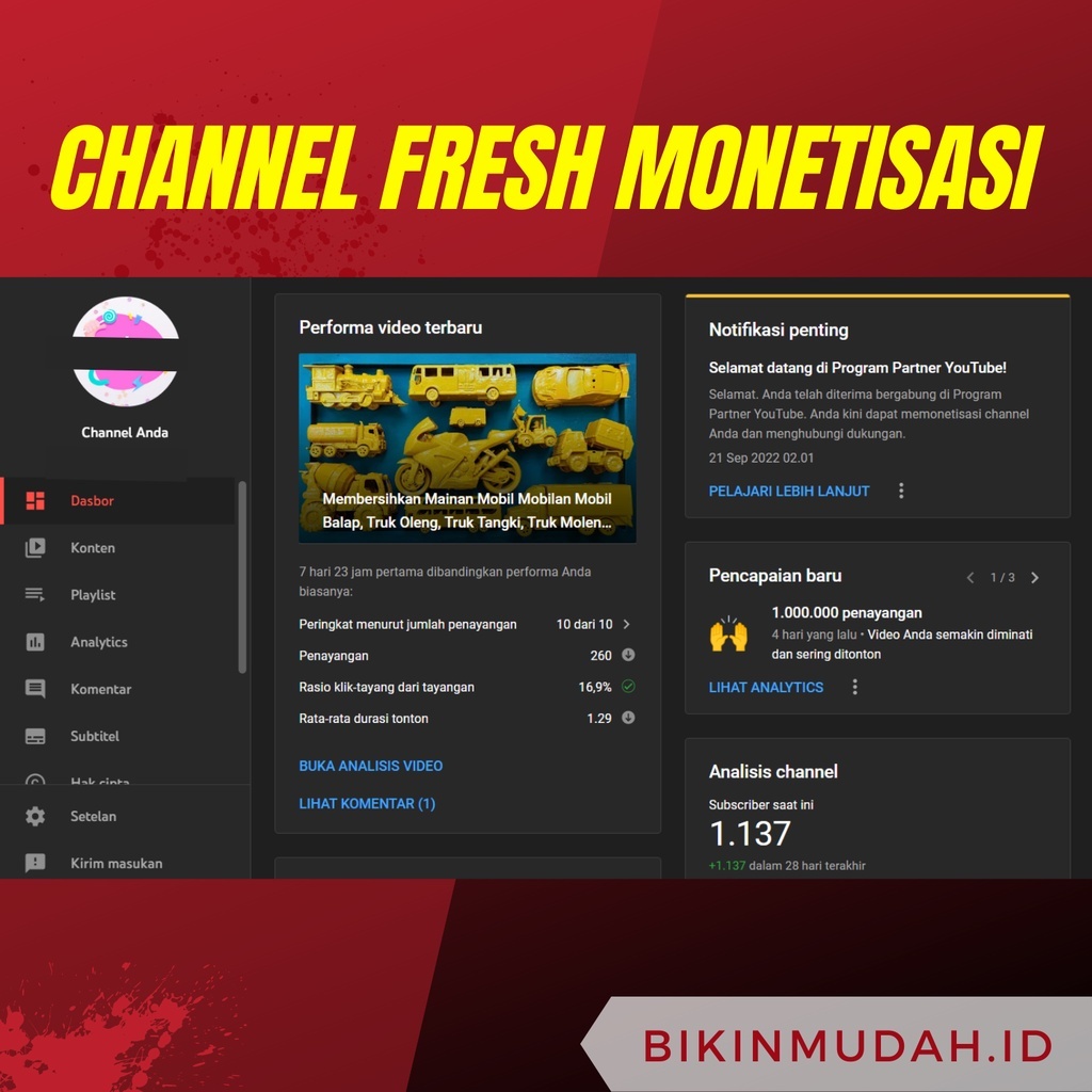 CHANNEL YT MONETISASI SEPAKET ADSENSE FRESH