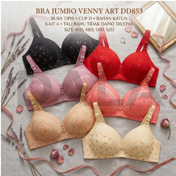 VENNY ART Bra BH Wanita DD853 Cup D Busa Tanpa Kawat 6 Warna 46-52 1/3 Pcs