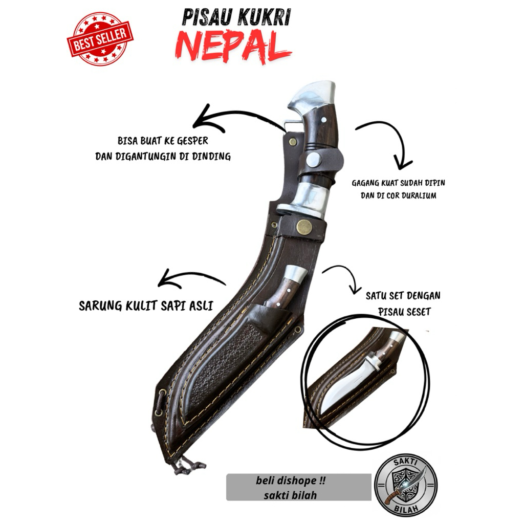 Pisau Kukri Nepal Outdoor Survival & Sembelih - Bilah Baja Per 25cm Sepuh Air - Bonus Pisau Seset Ku