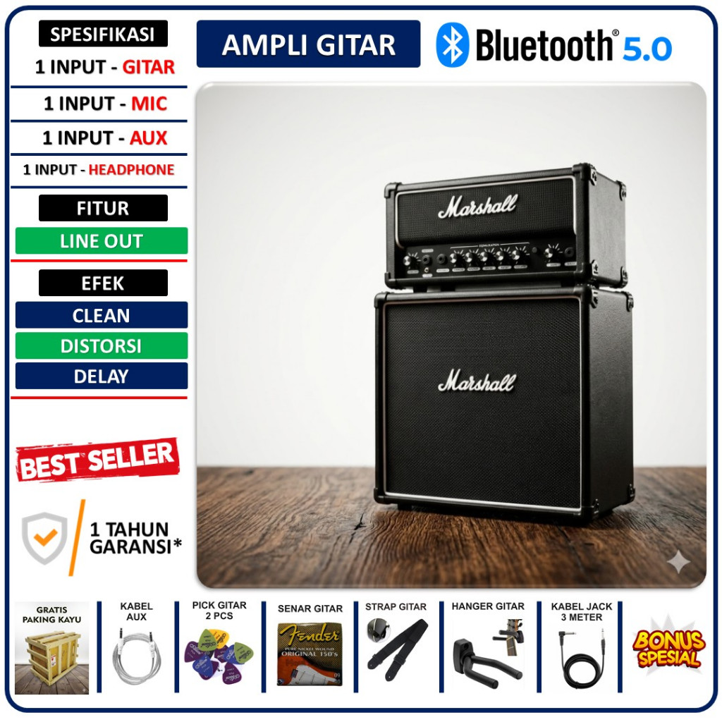 Ampli gitar & bass 8 inch head cabinet 3 input plus bluetooth bisa untuk karaoke efek distorsi,rever