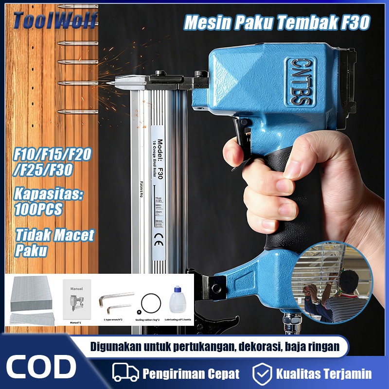 ToolWolf Mesin Paku Tembak F30 Air Nail Gunner Paku Cordless Air Stapler Tembak Kapasitas 100 Buah