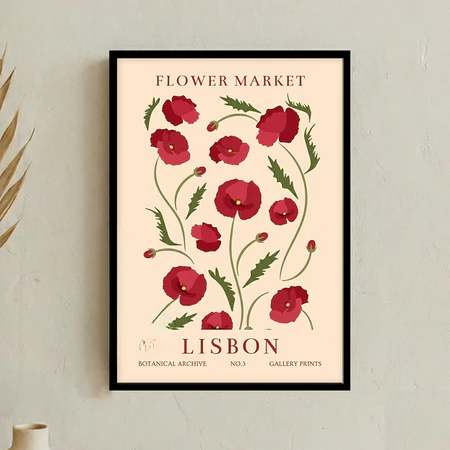1 Pcs Lukisan Flower Market Lisbon Merah Hiasan Dinding Aesthetic Pajangan Rumah