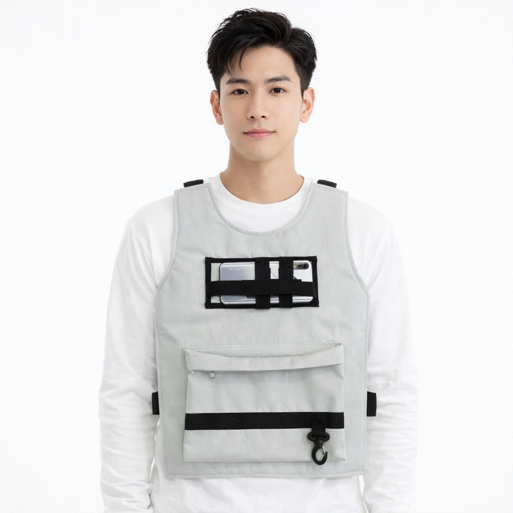 Rompi Moto Vloger dengan Holder hp dan gantungan kunci WARNA ABU-ABU pelindung dada dari terpaan ang