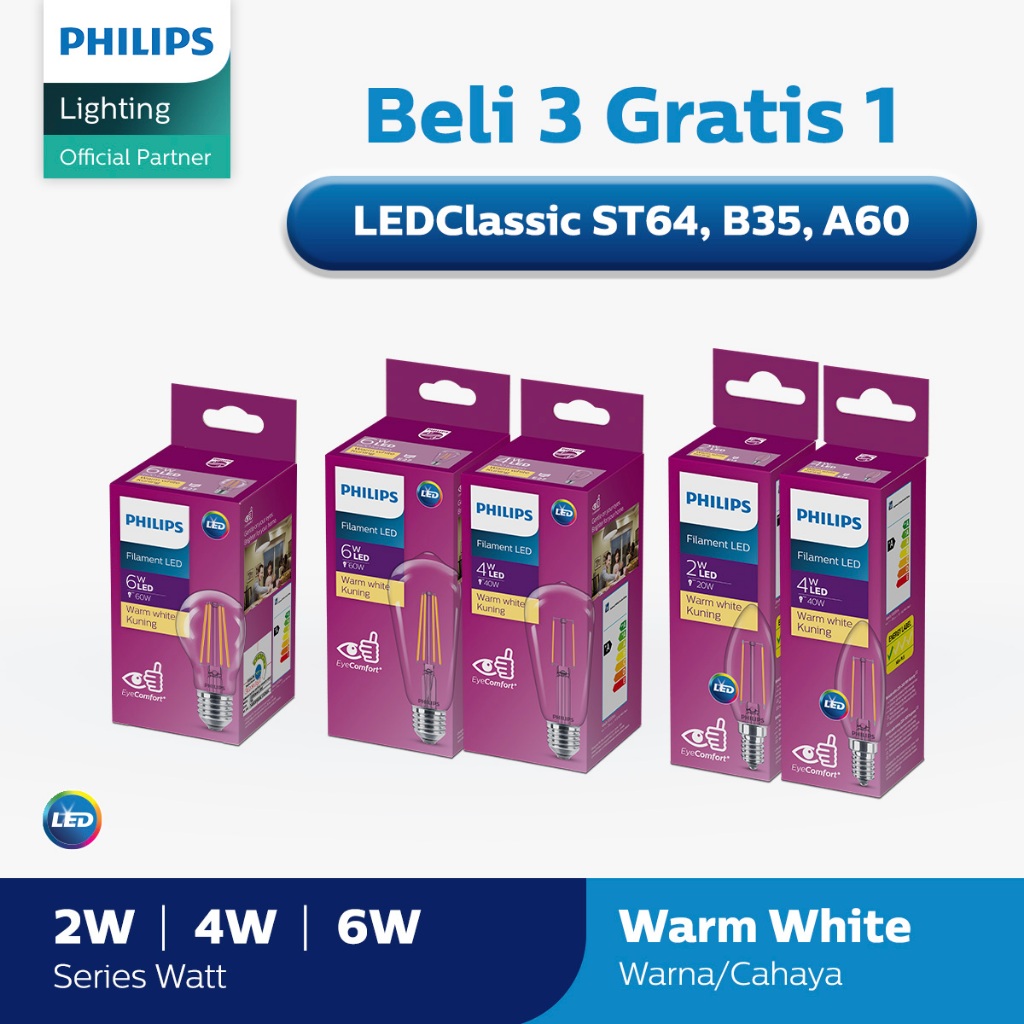 Paket Lampu Philips Beli 3 Dapat 4 Lampu Philips Filament Bohlam LED 2W 4W 6W Kuning