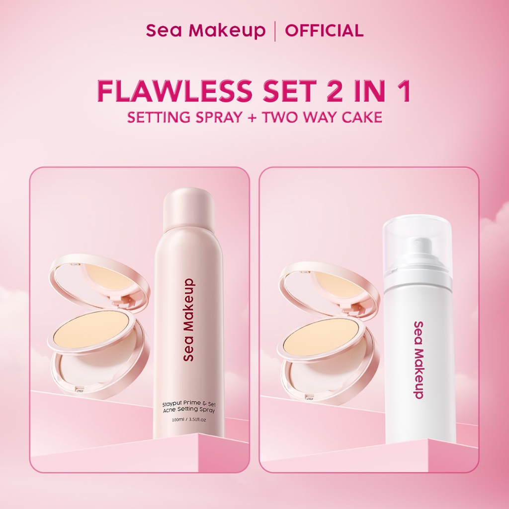 Flawless Set 2in1 Sea Makeup Two Way Cake + Setting Spray – Bedak Two Way Cake & Powder Foundation u