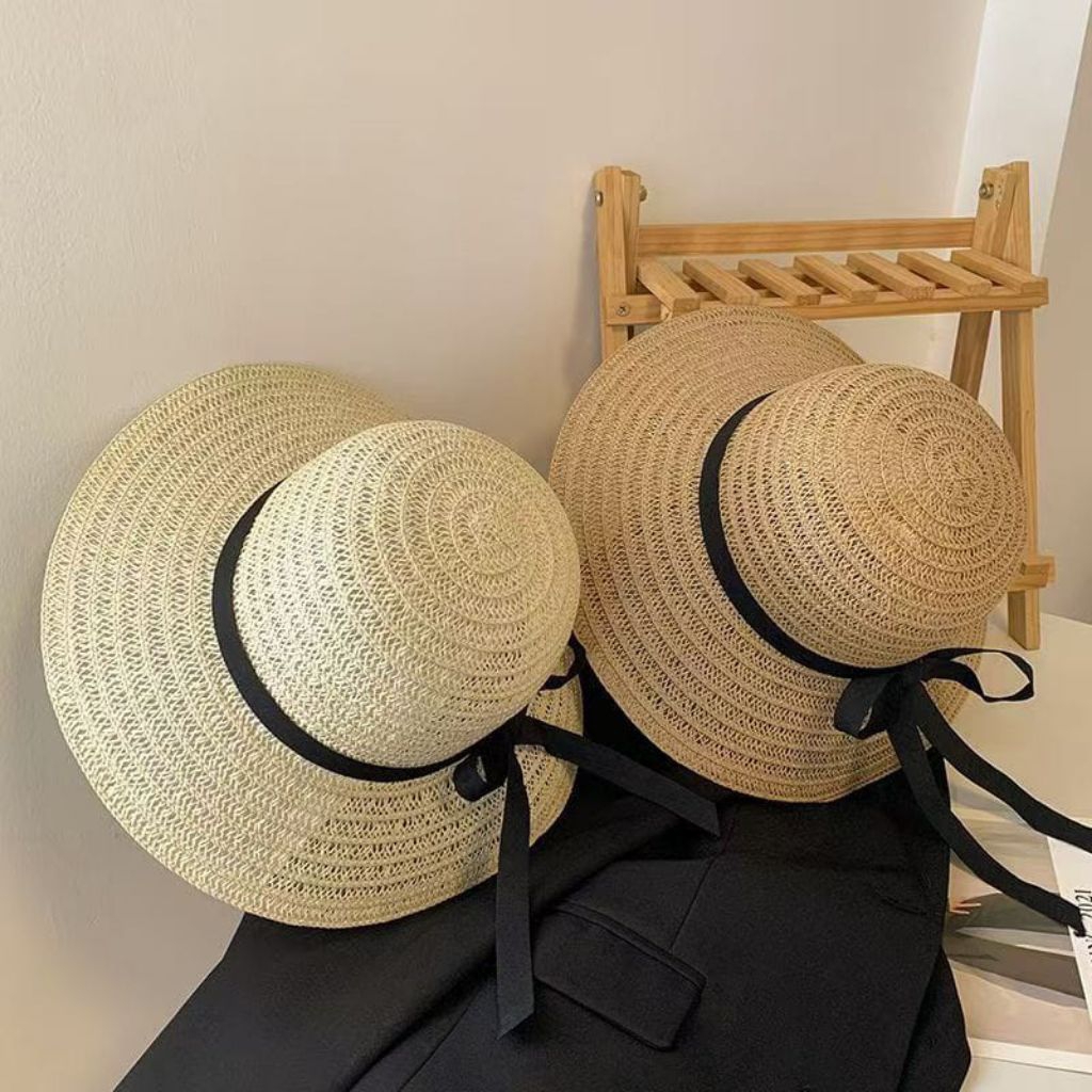 Topi Pantai Fashion Tali Pita UV Bahan Jerami - Topi Visor Pantai Wanita Bahan Jerami - Topi Pantai 