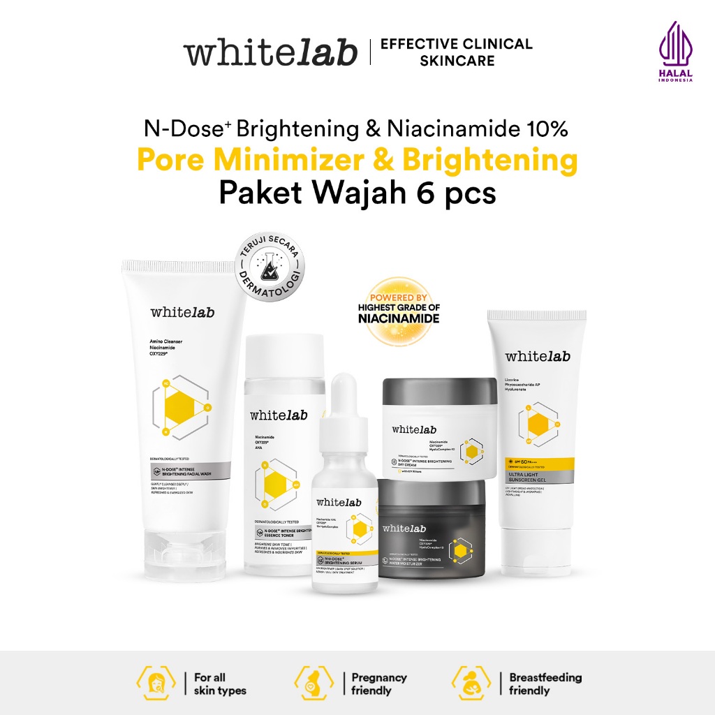 Whitelab Paket Wajah Brightening Niacinamide Facial Wash, Toner, Serum, Moisturizer, Sunscreen - 6 p