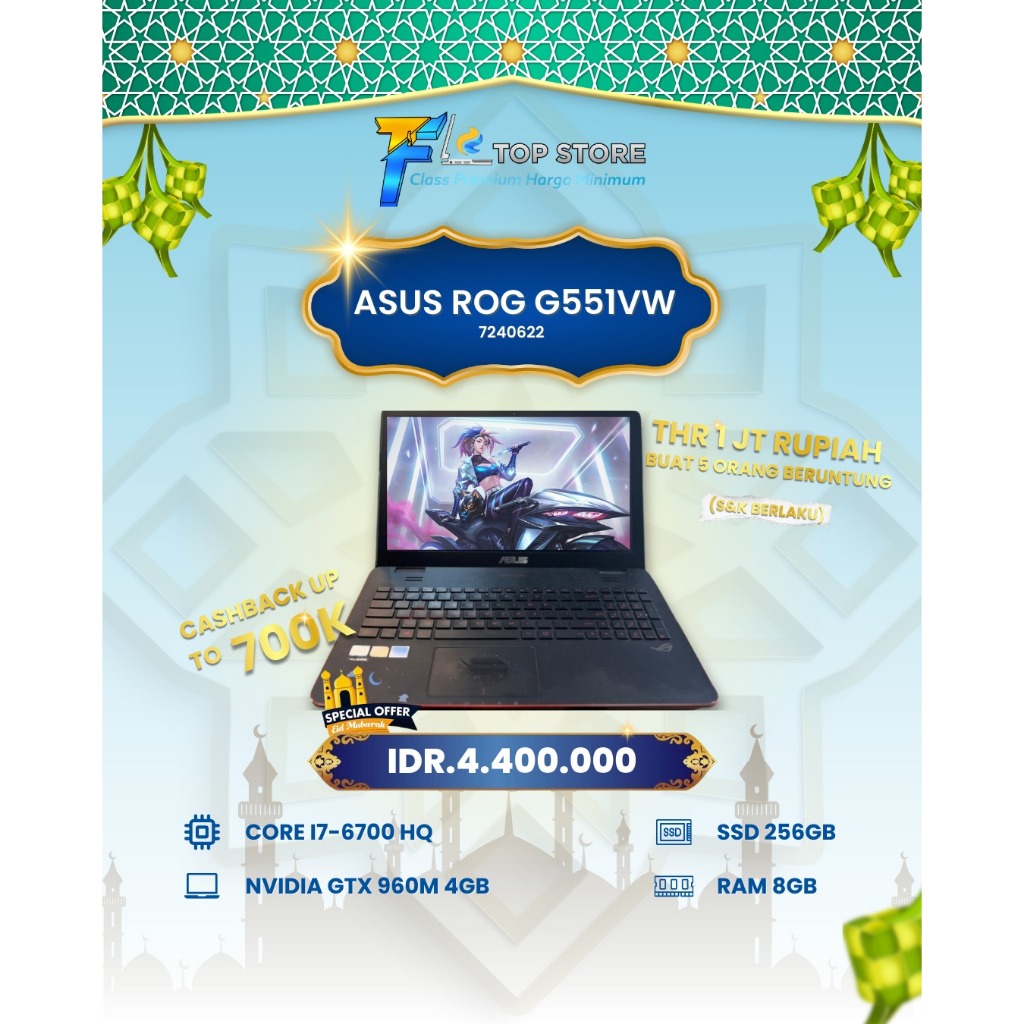 LAPTOP ASUS ROG G5IVW CORE I7-6700 HQ RAM 8/256GB NVIDIA GTX 960M 4GB