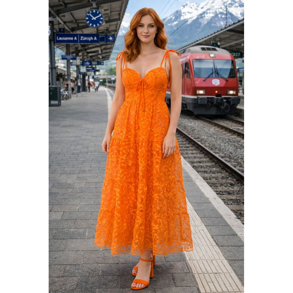 Maxi Dress Bordir Bunga Tali kecil, Variasi Renda