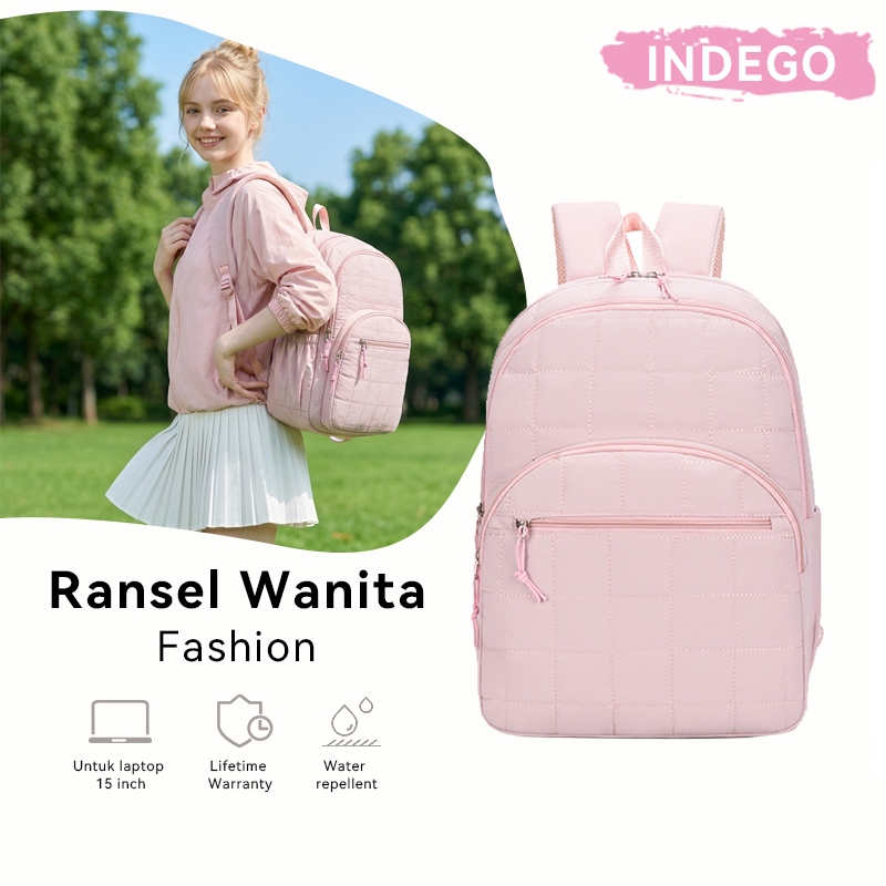INDEGO - Backpack Laptop 15 Inch, Travel Backpack for Women, Ransel Quilted Water Backpack, Laptop W
