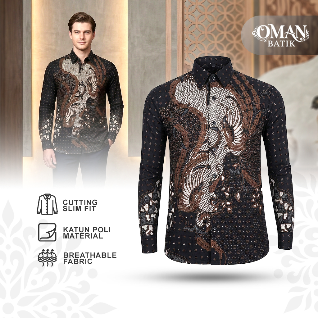 Kemeja Batik Premium Pria Katun Baju Kemeja Batik Pria Lengan Panjang Slimfit Warna Hitam Coklat Mot