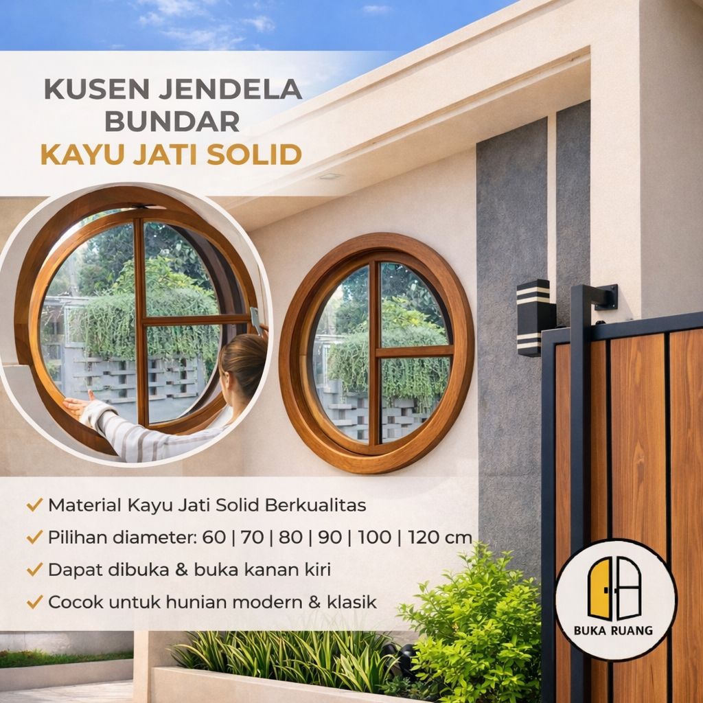 Jendela Bulat Jati Buka Putar 180° Diameter 60cm sampai 120cm / kusen jendela kayu model baru / kuse