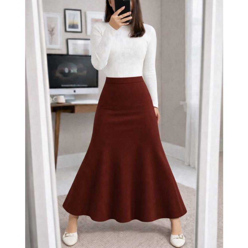 Rok Knit Rib Maxi Premium All Size Jumbo - Rok Knit Panjang Melar Pinggang Karet Haighwaist - Rok Ma