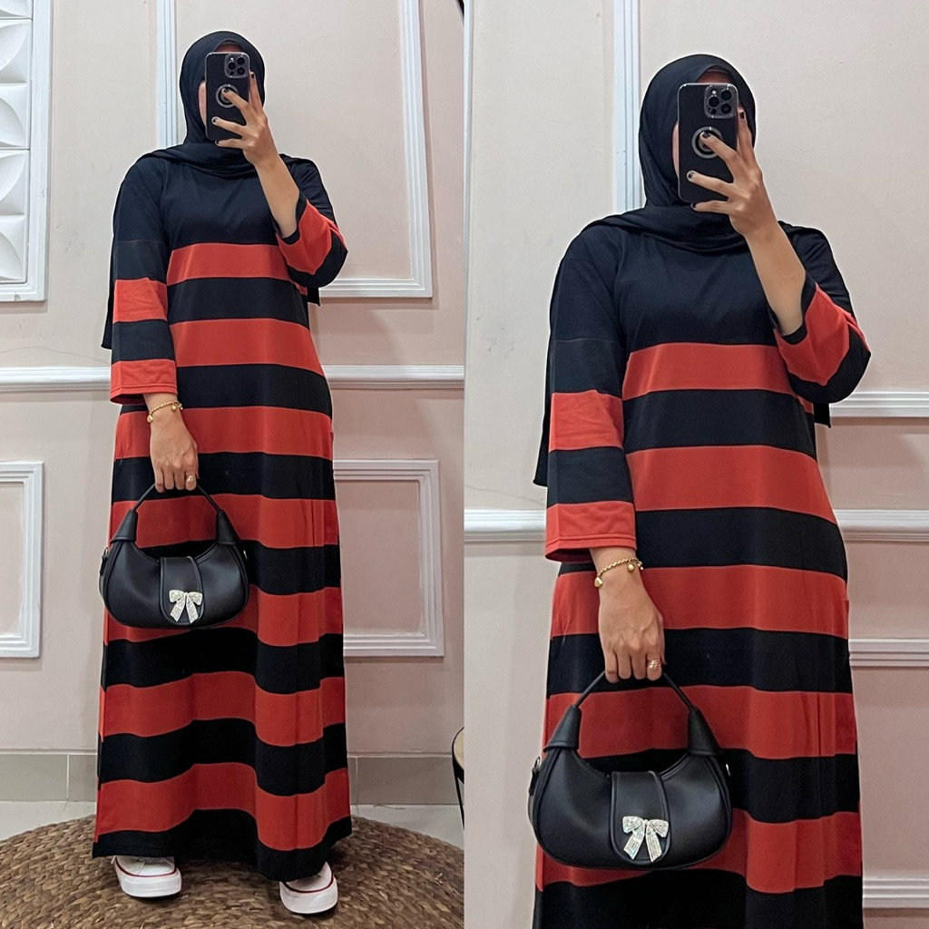 Dress Blaster Cotton Combad By Jevanni Motif Salur Besar Lengan 7/8 Daily Fashion