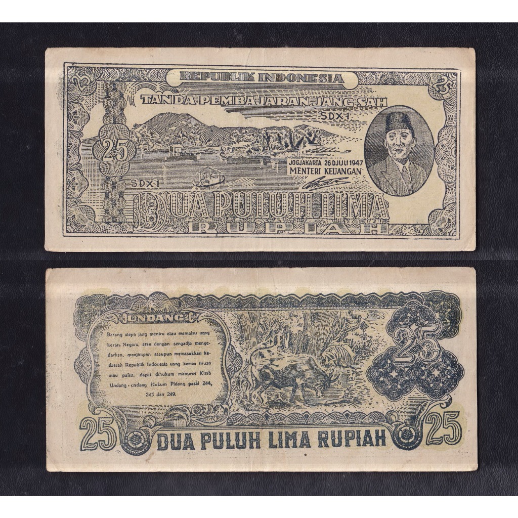 Uang kuno 25 Rupiah tahun 1947 SDX1 seri Oeang Repoeblik Indonesia (ORI-III)...