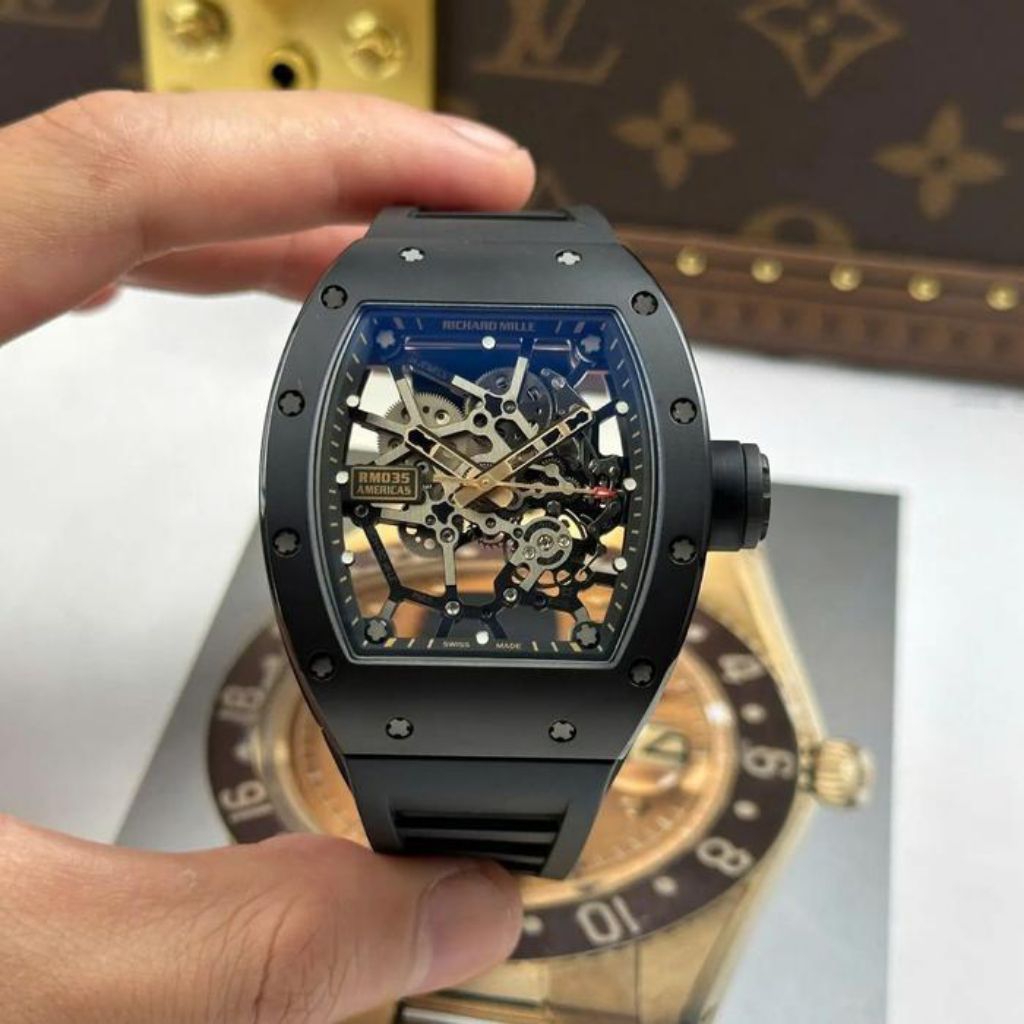 JAM TANGAN RM035 MANUAL WINDING DM 48MM JAM TANGAN ANALOG PRIA STRAP RUBBER BLACK FUNGSI FITUR AKTIF