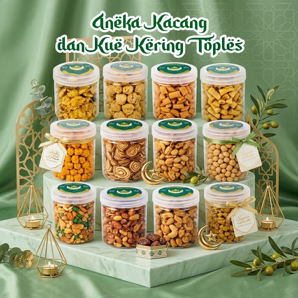 Aneka Kacang dan Kue Kering Lebaran Toples Snack Kriuk Makanan Ringan Camilan Banyak Kacang Bawang B