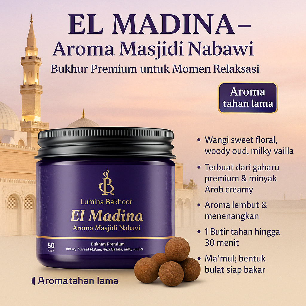 Lumina Bakhoor EL Madina Bakhoor – Buhur makmul Premium Wangi Masjid Nabawi | Gaharu Asli | Tahan La