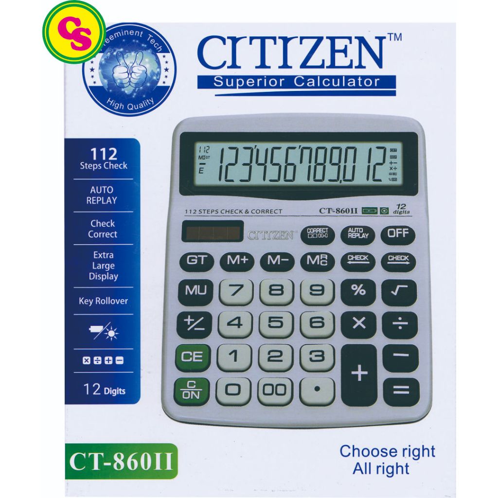 Kalkulator CITIZEN CT-860 II 12 digit Warna Menarik SILVER KILAT Original Solar Baterai dengan fungs