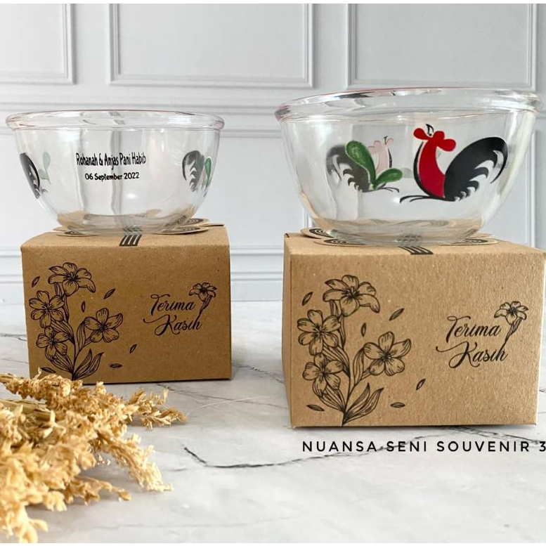 Souvenir Pernikahan Mangkuk BIB3.75B Ayam Jago Kaca Bening Mangkok Sambal Beling Sablon Kemas Box
