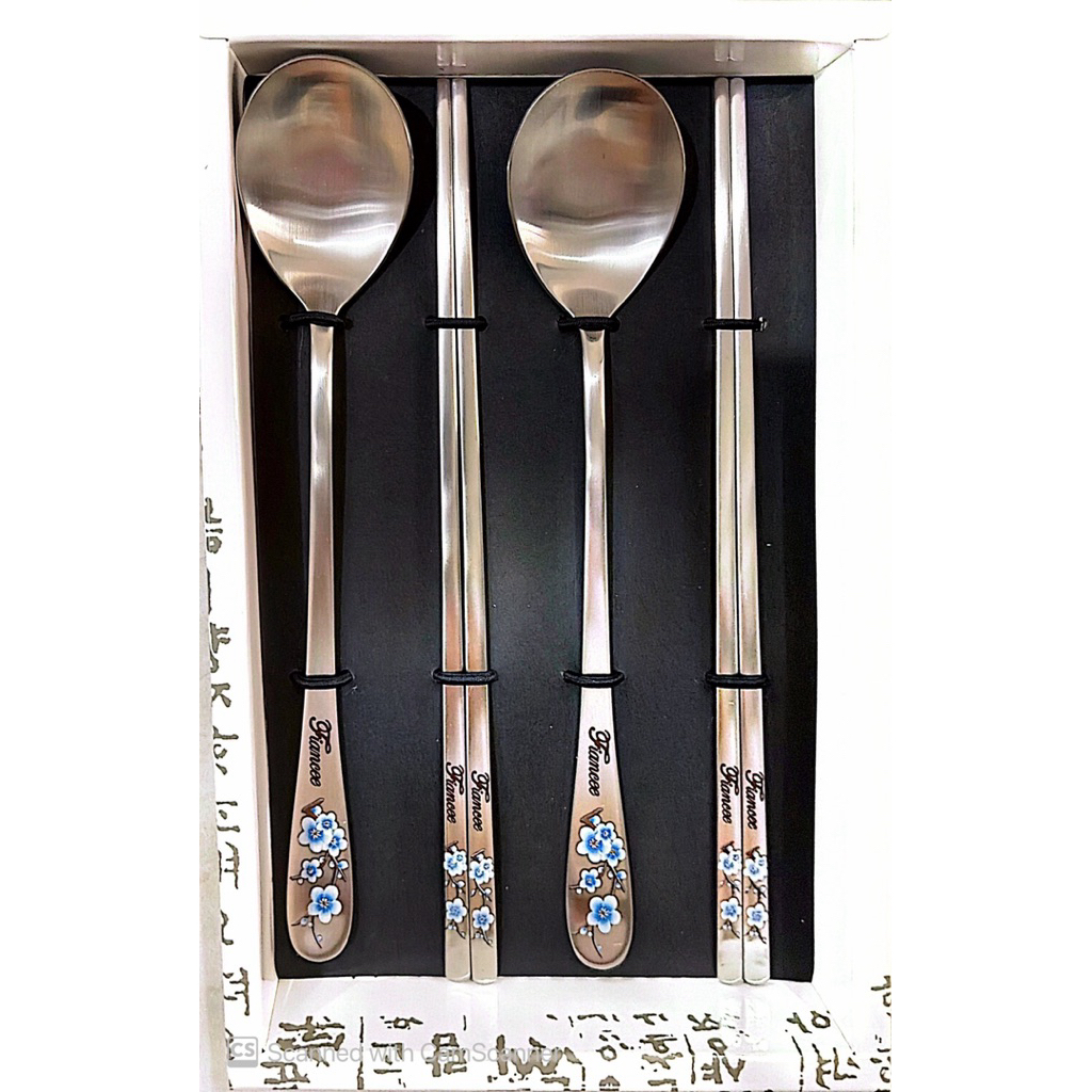 Sendok Sumpit Asli korea dgn ukiran bunga korea isi 2set warna silver