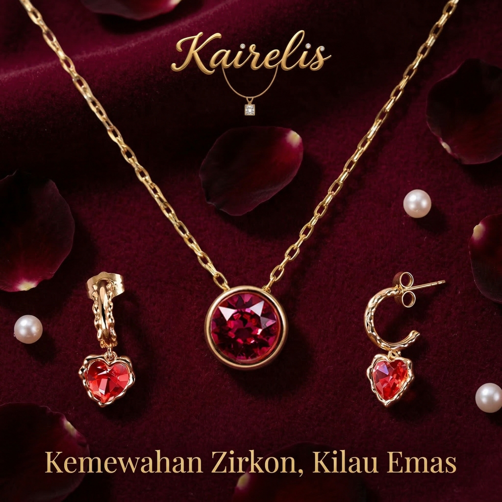 KAIRELIS Perhiasan Crystal Swarovski Ruby Heart Crystal Set | Set Kalung & Anting Kristal Merah Emas