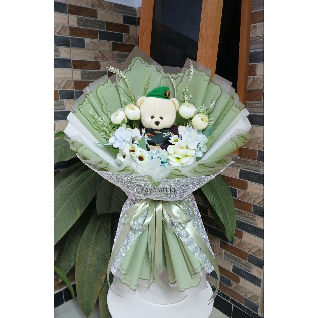 Buket Bunga Boneka Profesi TNI AD, Topi Baret/Loreng(Baca Deskripsi) uk.L-XL