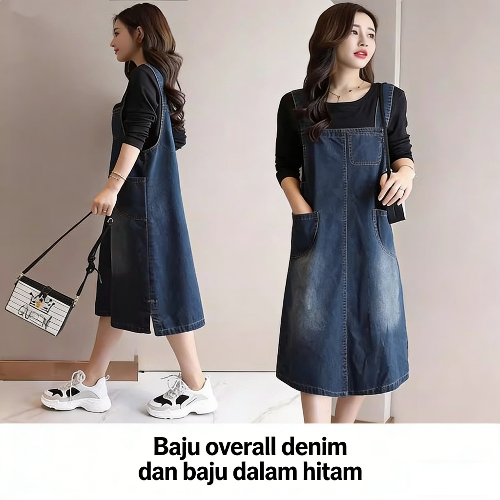 Rok Kodok Jeans Wanita High Waist Korea Style Overall Dress Midi Rok Denim Casual Fashion Viral Tikt