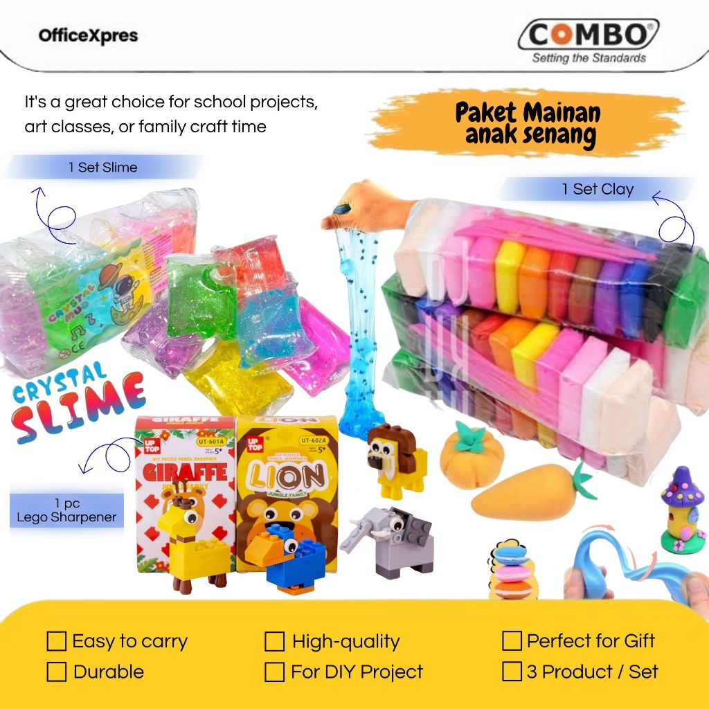 PAKET Mainan Anak Senang / Mainan Anak / Clay 12 colour + Slime + Serutan Lego