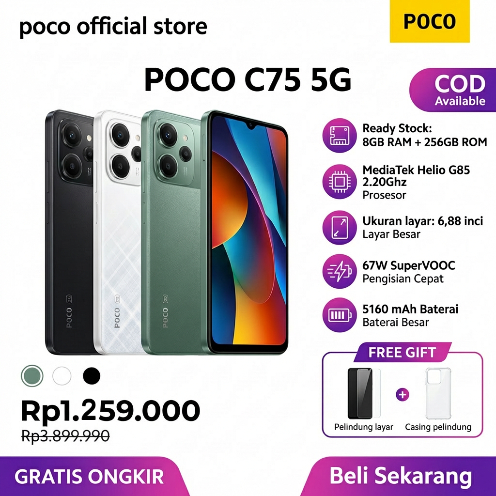 Poco C75 2025 terbaru hadir dengan RAM 8GB+256GB | Kamera AI 50 megapiksel | Baterai 5160mAh | Pengi