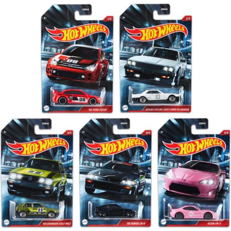 Hotwheels Reguler Red Ford Focus, White Nissan Skyline R30, Yellow Volkswagen Golf, Black Honda CRX,