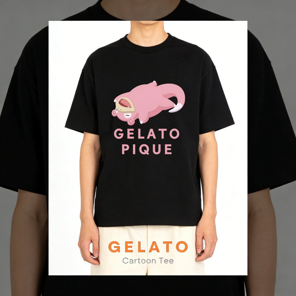 Gelato Pique Official Store Kaos oblong dengan motif kartun Pokemon Slowpoke, Kaos Unisex, Kaos Dist