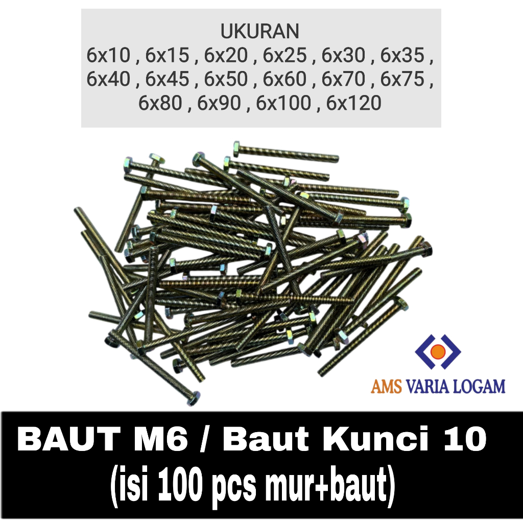Baut Mur M6 Hexagon Kuning (KUNCI 10) - Isi 100 Set / BAUT M6 / Baut mur MURAH / BAUT M6 PANJANG 10 