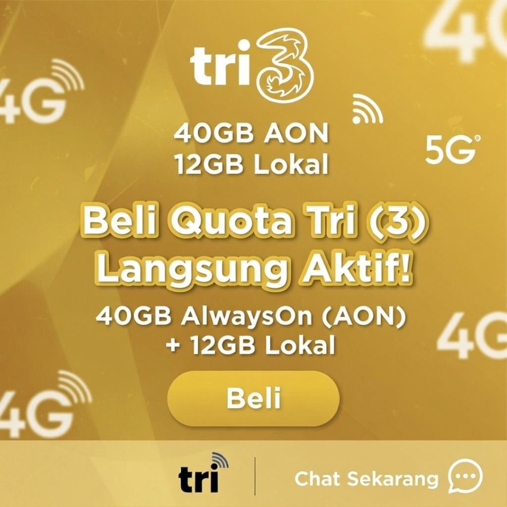 Kuota Tri 40GB AlwaysOn (AON) + 12GB Lokal | Kartu 3